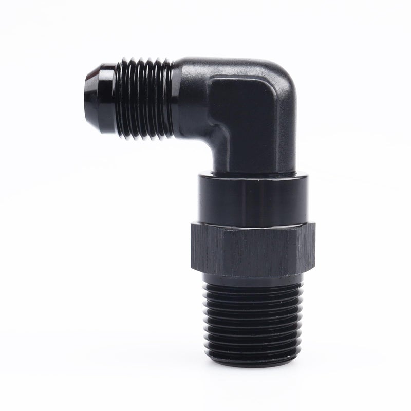 AC PERFORMANCE -6 AN Male Flare to 3/8" NPT 90 Degree Swivel Adapter Fitting, Black Aluminum - Image 1